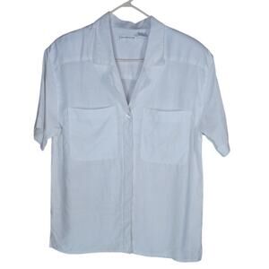 Liz Claiborne White Linen Shirt Sz 10 Bohemian Coastal Short Sleeve Button Up